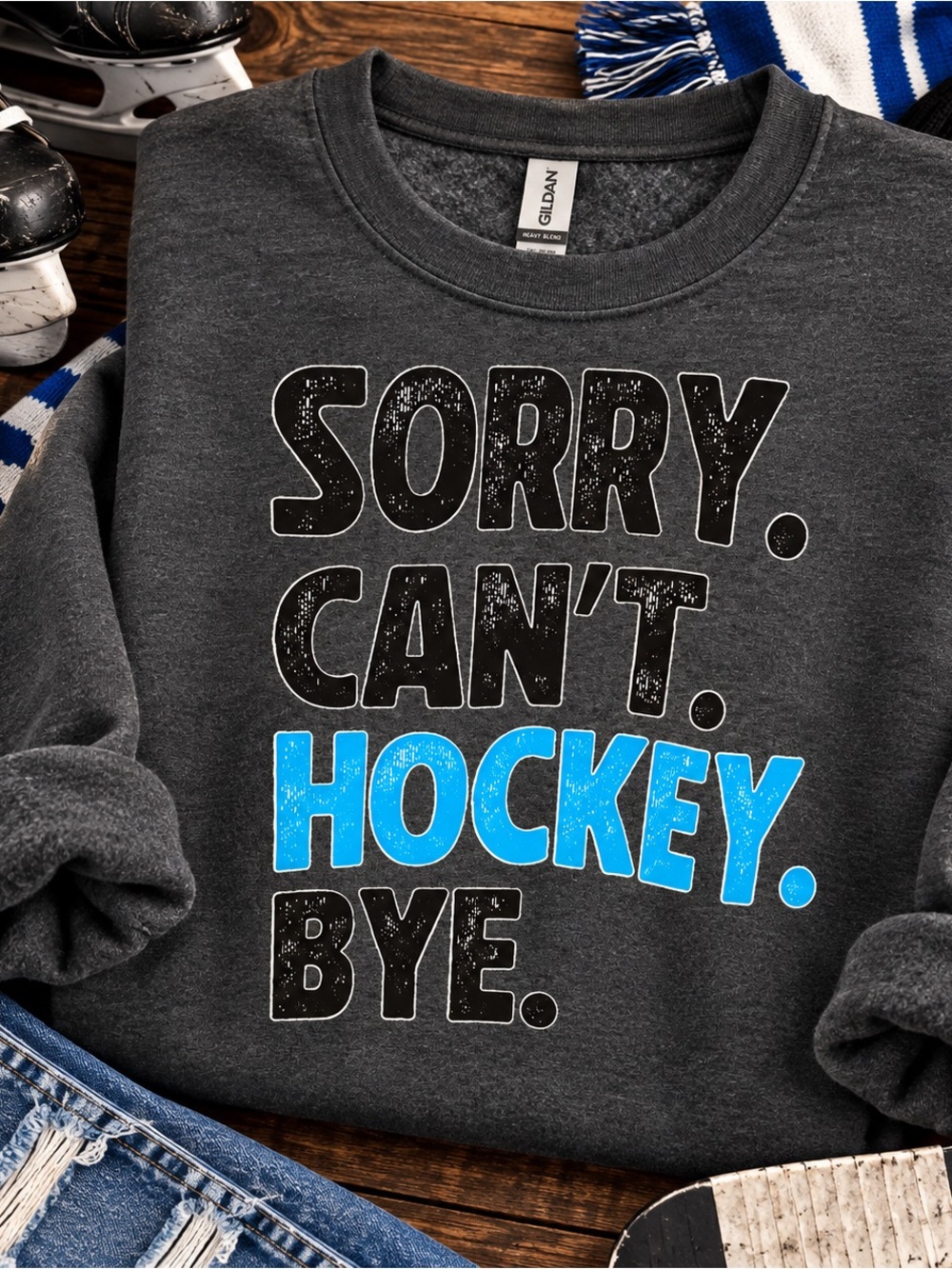 Gildan Charcoal and Bright Blue 'Sorry. Can't. Hockey. Bye.' Crewneck